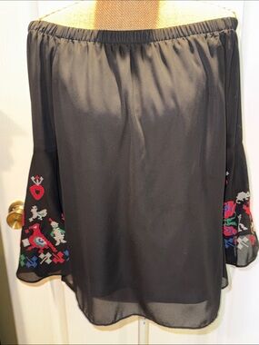 Black Off-Shoulder Blouse with Colorful Embroidered Bell Sleeves